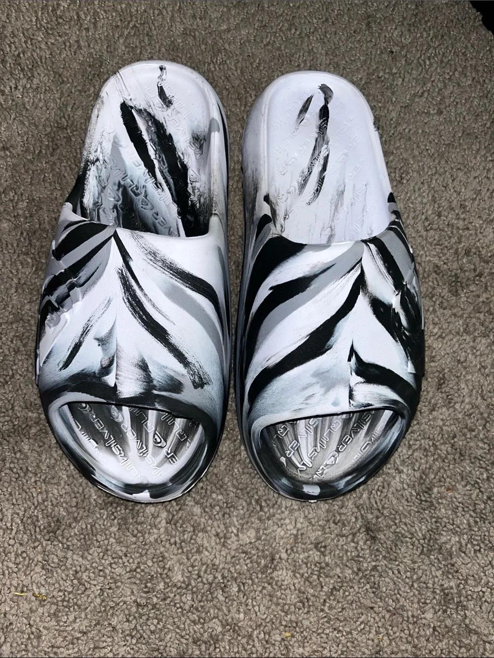 J/SLIDES White and Black Painted Zebra Slide Sandals